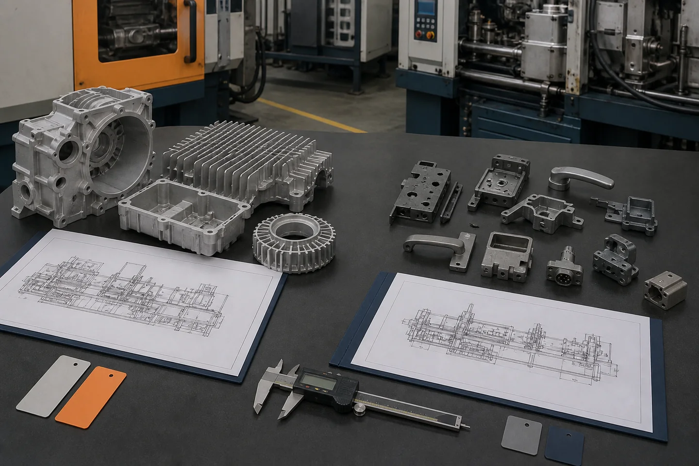 Aluminum housings and zinc hardware reviewed with machine layouts and measuring tools