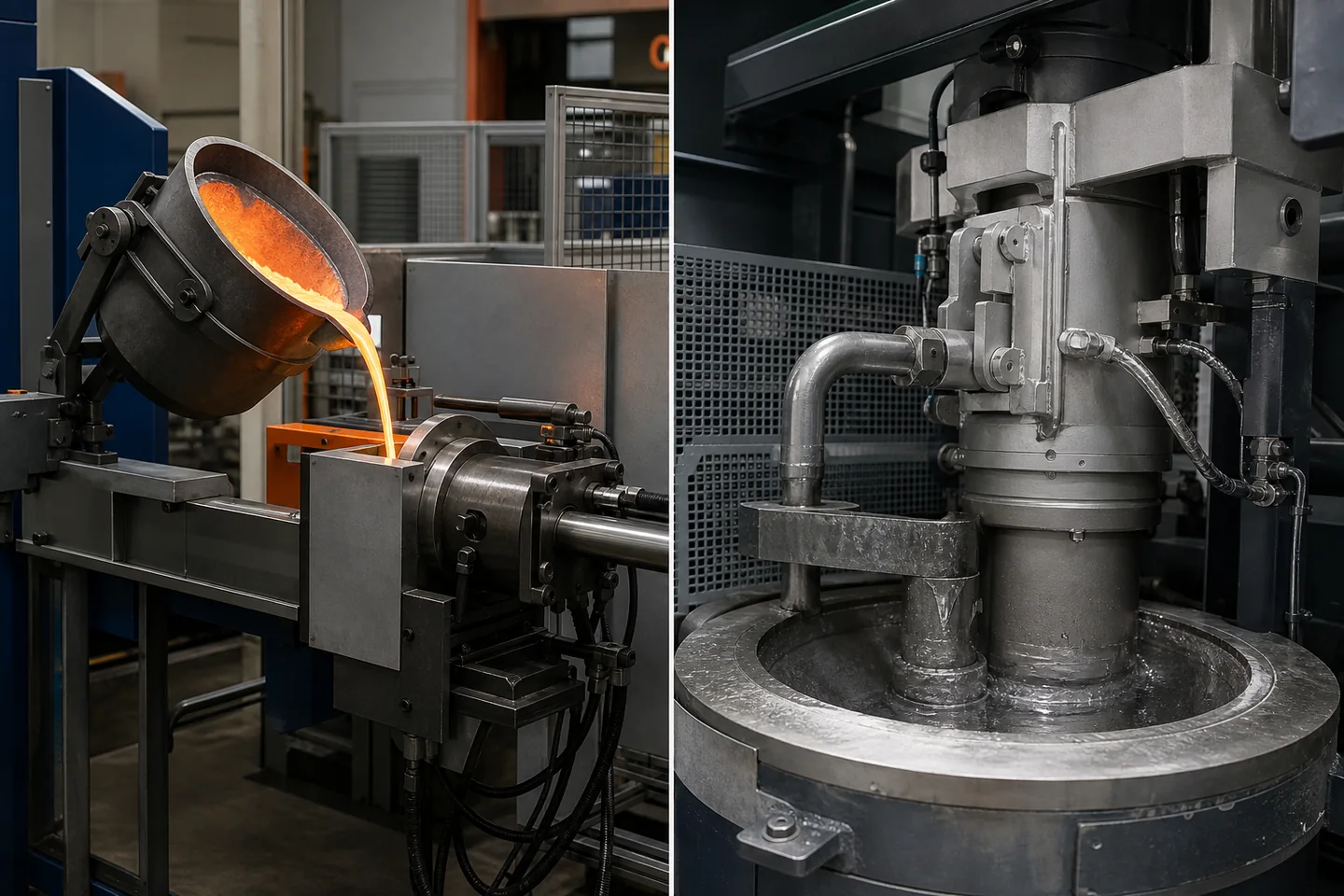 Cold chamber ladling path and hot chamber integrated metal delivery system shown side by side
