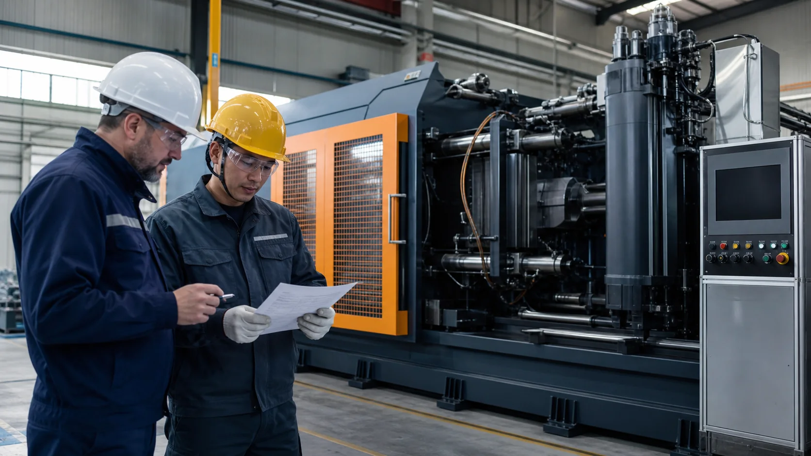 Buyer and technician reviewing a die casting machine factory acceptance test