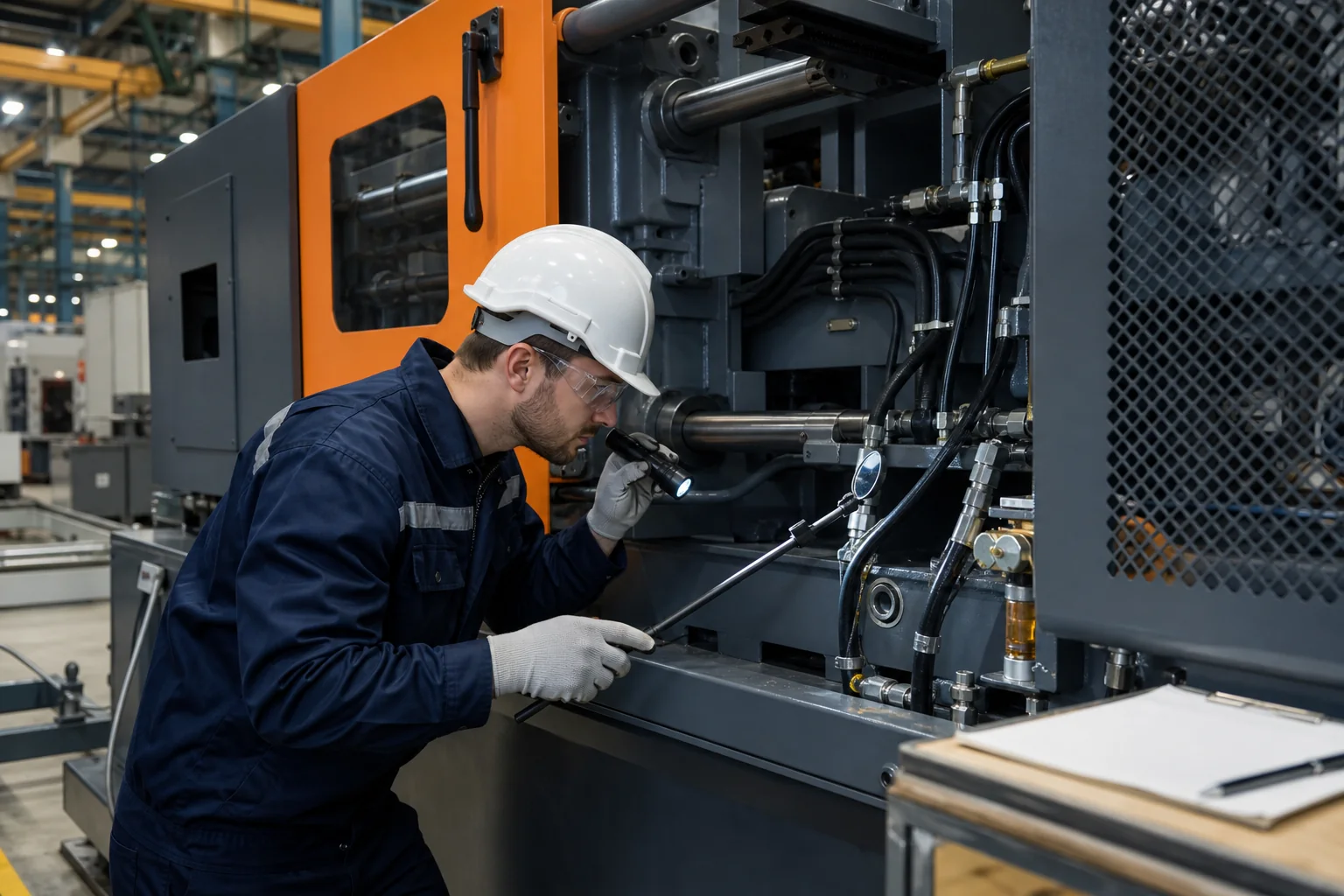 Illustrative technician inspecting hydraulic routing and machine components before power-up