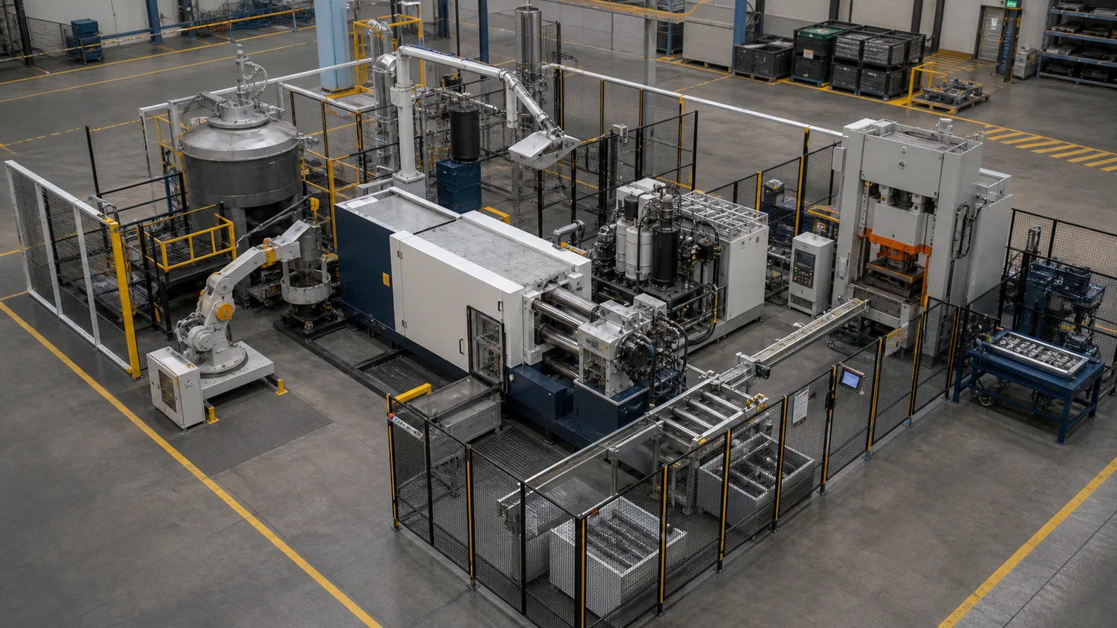 High-angle view of a guarded cold chamber die casting cell with furnace, automation, trim press, and conveyors