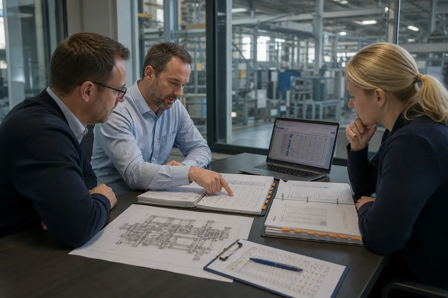 Procurement team comparing die casting machine quotation binders, layout, and scope matrix