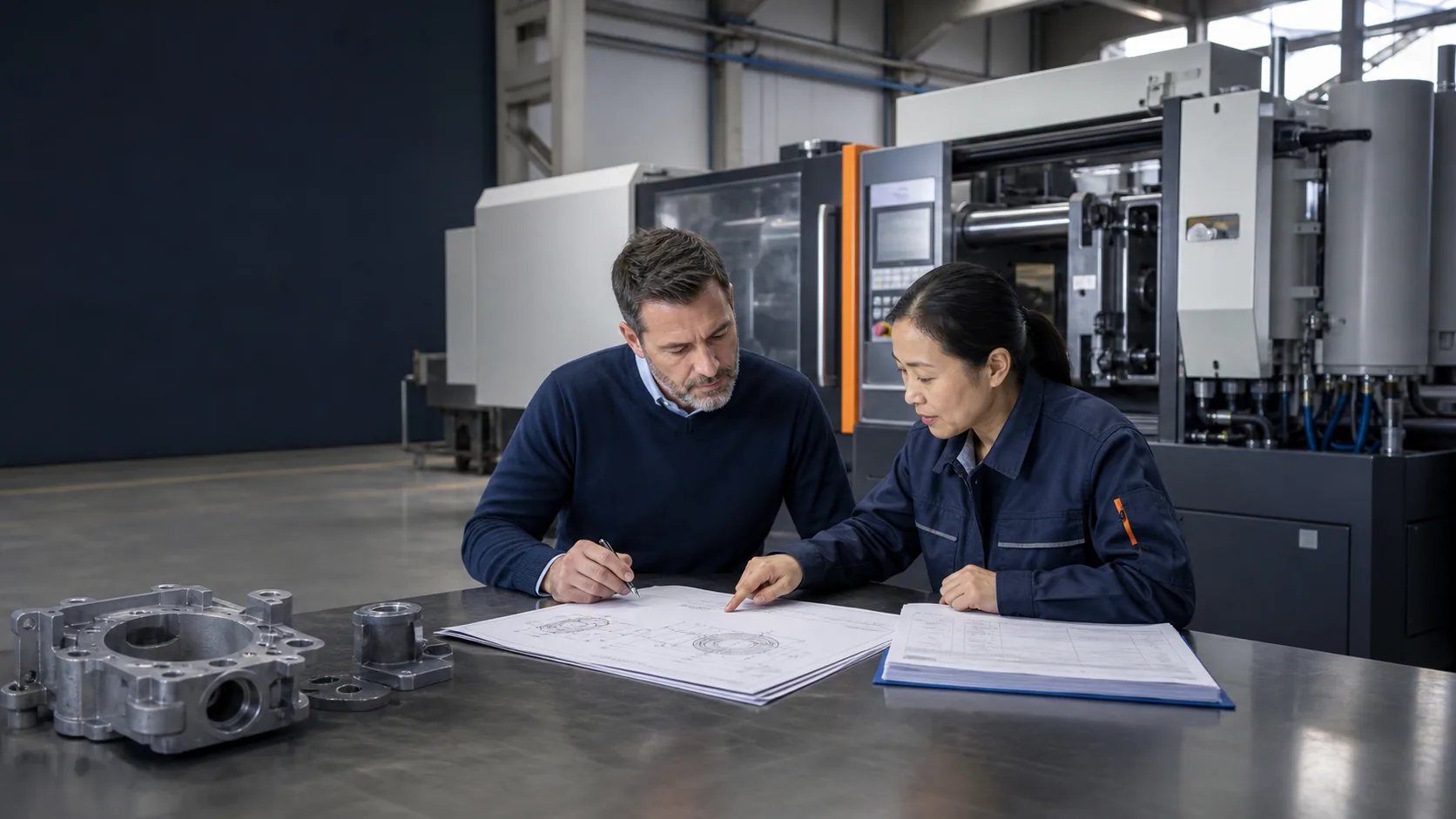 Buyer and coordinator reviewing a die casting machine RFQ