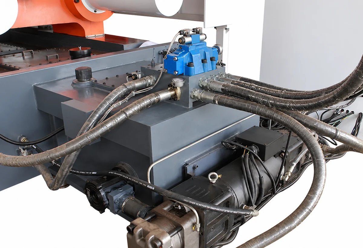 Large cold chamber die casting machine hydraulic manifold, pumps, hoses, fittings, and service zone without Chinese labels