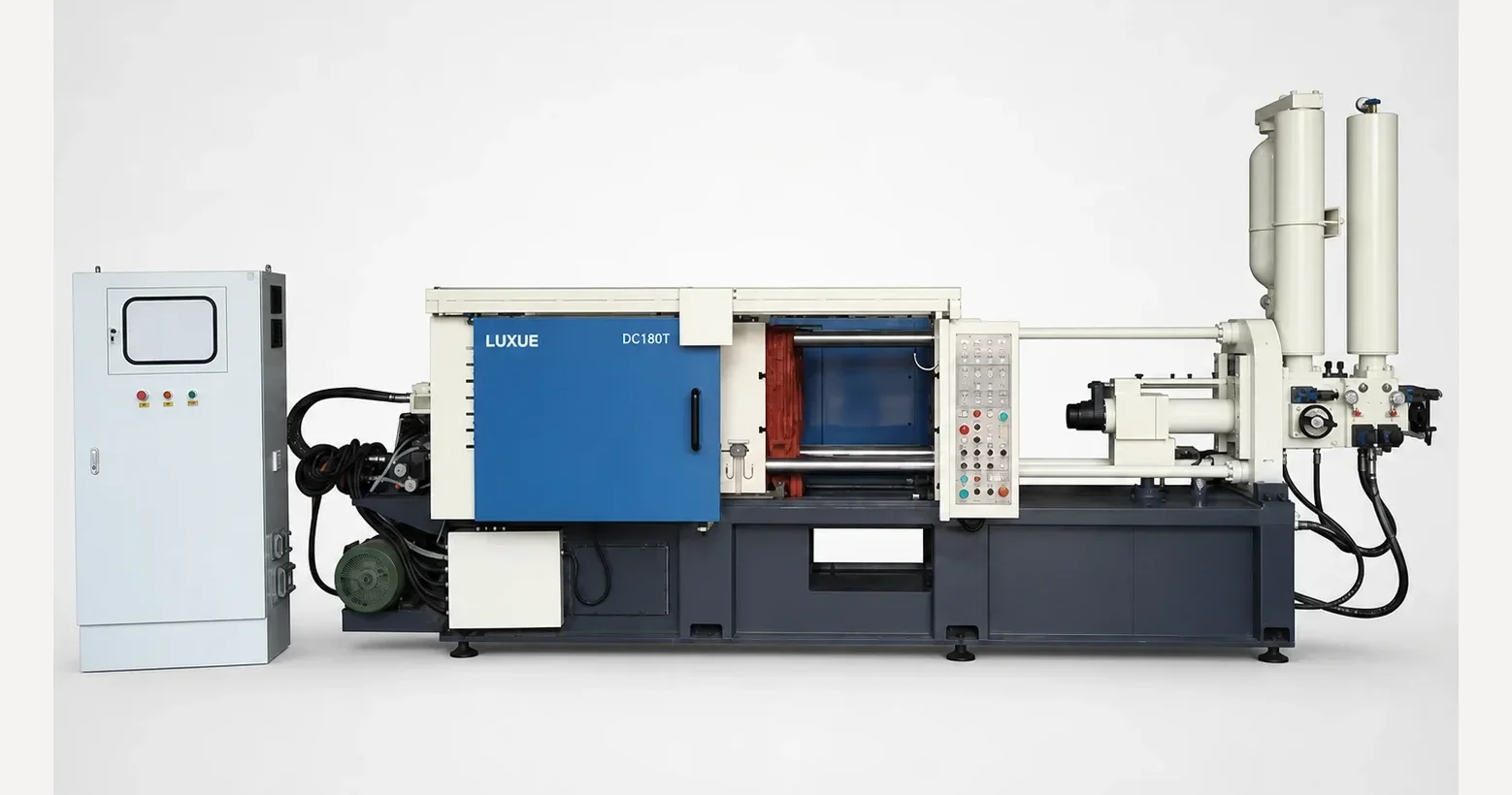 DC180T open clamping enclosure showing tie bars and platen access without Chinese product text