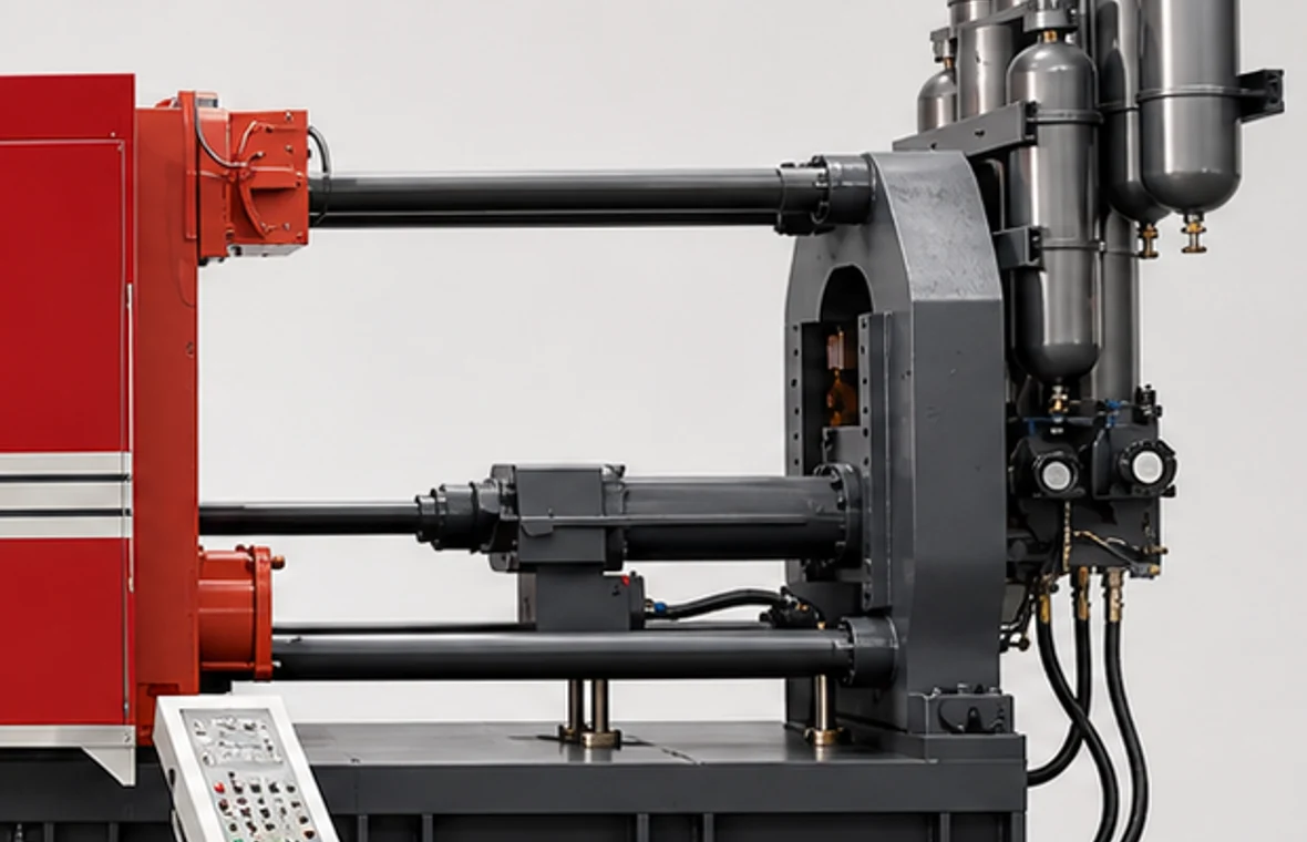 DC2000T injection cylinder, tie bars, accumulator vessels, gauges, valves, and service hoses without Chinese labels