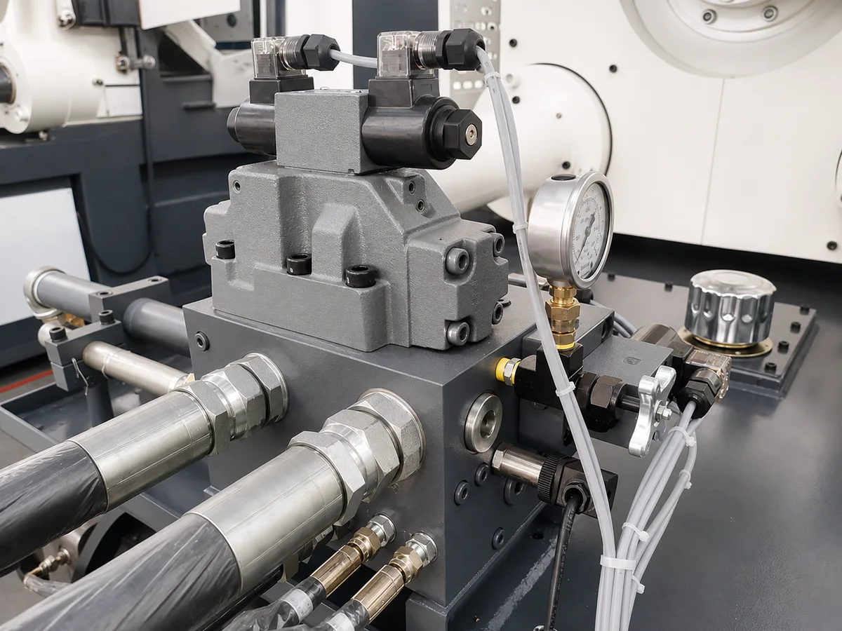 DC238T hydraulic valve block, pressure gauge, solenoids, hoses, and fittings close-up without Chinese labels