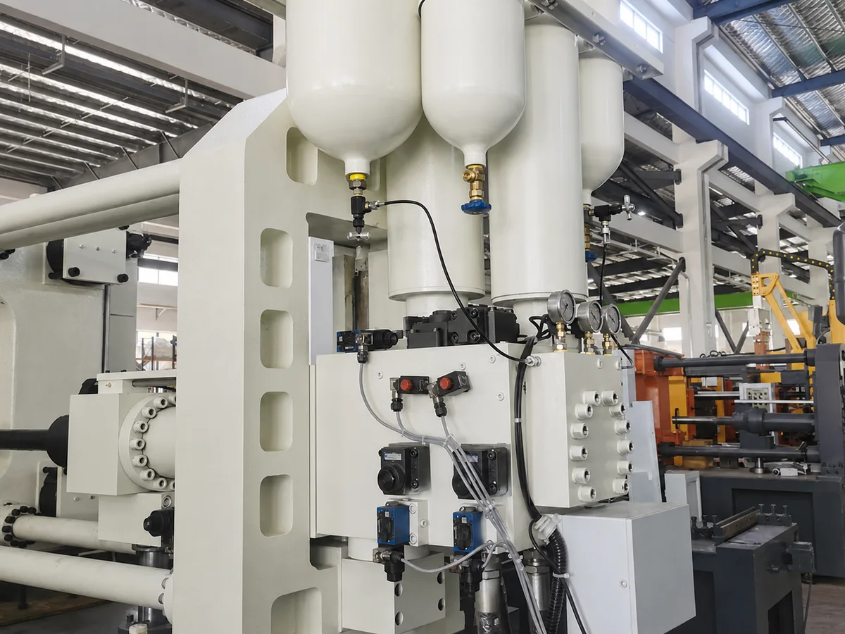 DC238T injection accumulator, intensification assembly, gauges, pipes, and machine frame close-up without Chinese labels