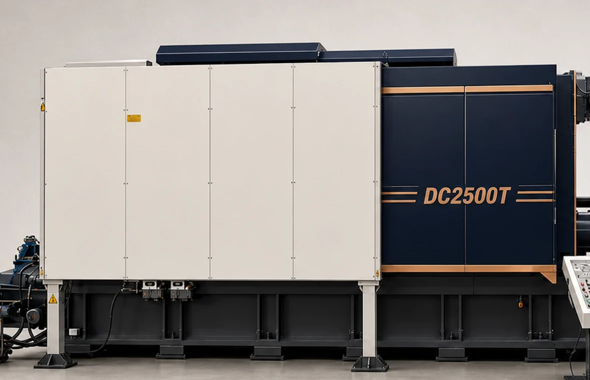DC2500T die-service enclosure, structural base, access panels, and clamping zone without Chinese labels