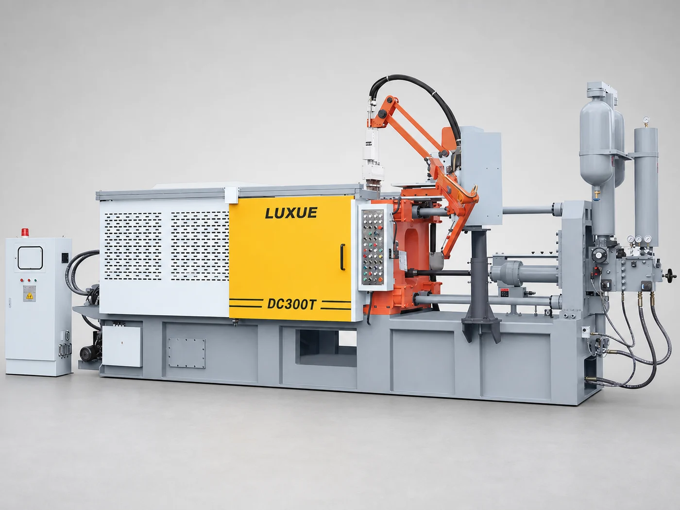 DC300T 300 ton aluminum cold chamber die casting machine with yellow enclosure and no Chinese product text