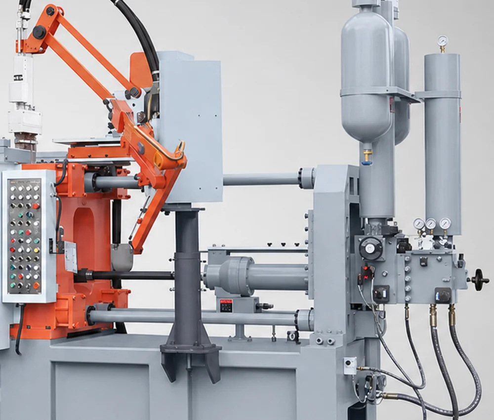DC300T injection cylinder, shot-end support, accumulators, gauges, and hydraulic service area without Chinese text