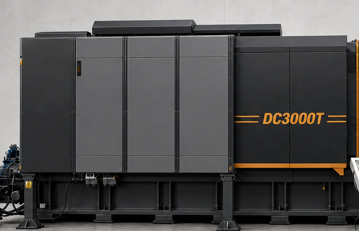 DC3000T clamping enclosure, structural base, service panels, and die-side access without Chinese labels