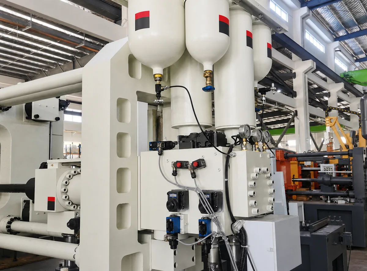 DC400T accumulator vessels, pressure gauges, valves, and injection structure with Chinese labels removed