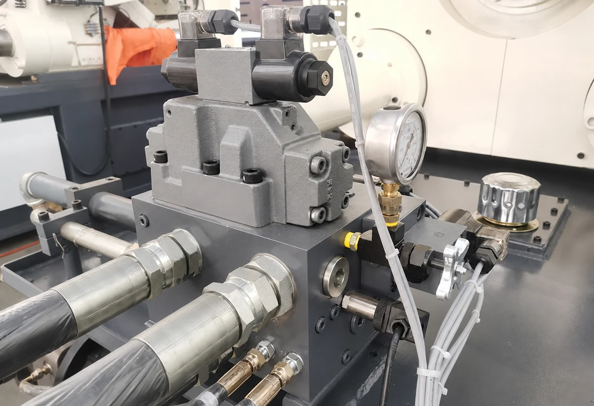 DC880T hydraulic valve block, solenoids, pressure gauge, regulator, fittings, and hoses without label text