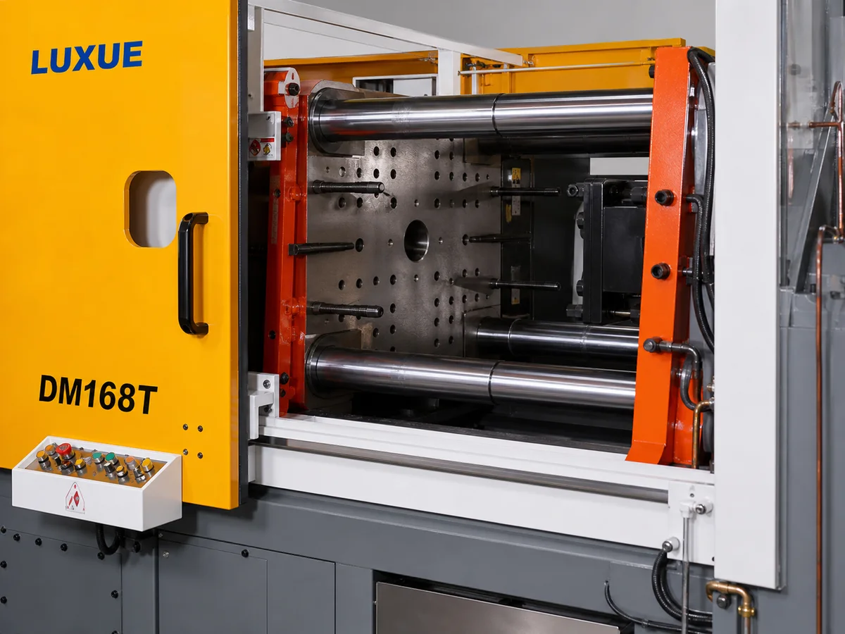 DM168T open clamping area, broad platen, heavy tie bars, yellow safety door, and local operator console reference close-up