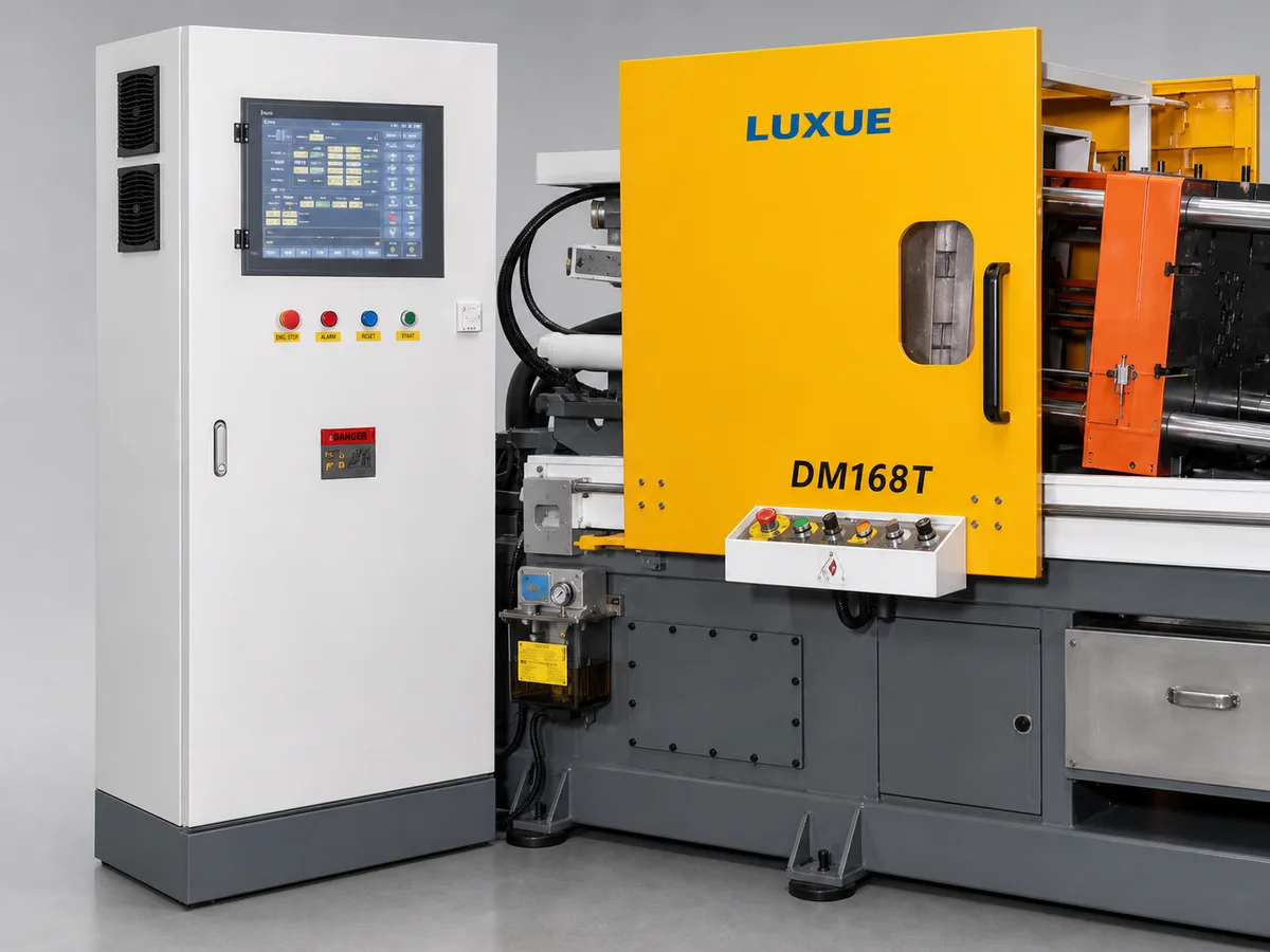 DM168T HMI electrical cabinet, emergency stops, local controls, yellow guard, lubrication unit, and service area reference close-up