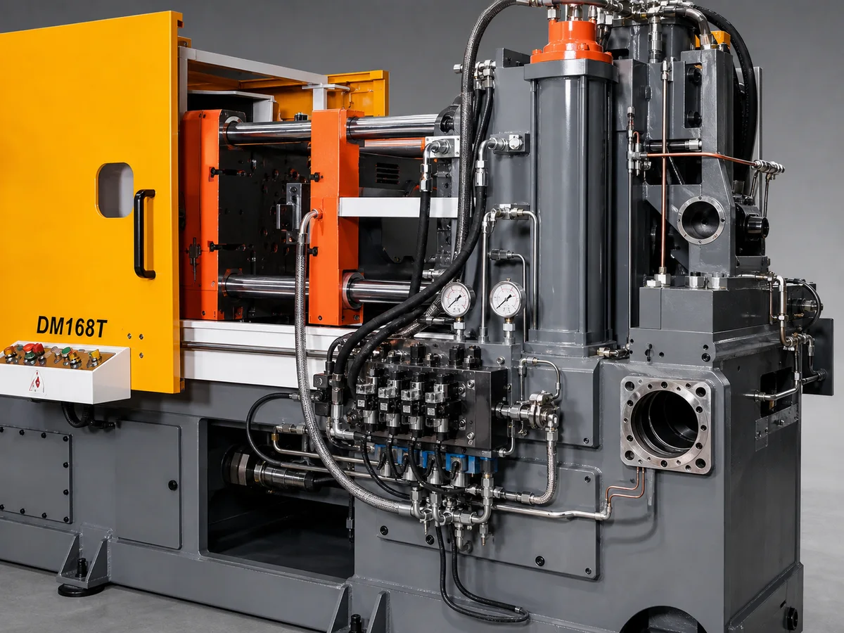 DM168T heavy-duty injection cylinder, hydraulic manifold, pressure gauges, hoses, tubing, and hot-end interfaces reference close-up