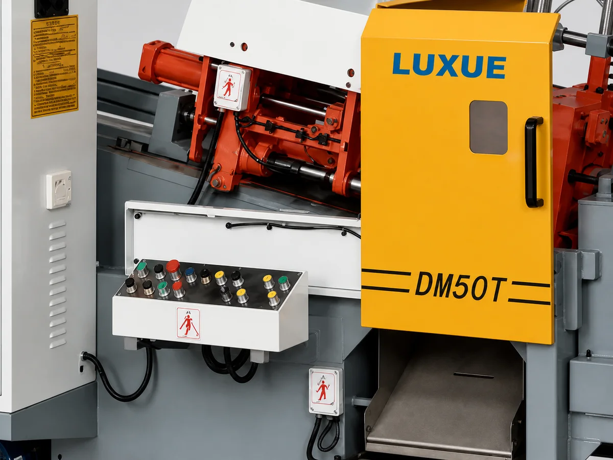 DM50T clamping area, yellow safety door, local control console, and front access reference close-up