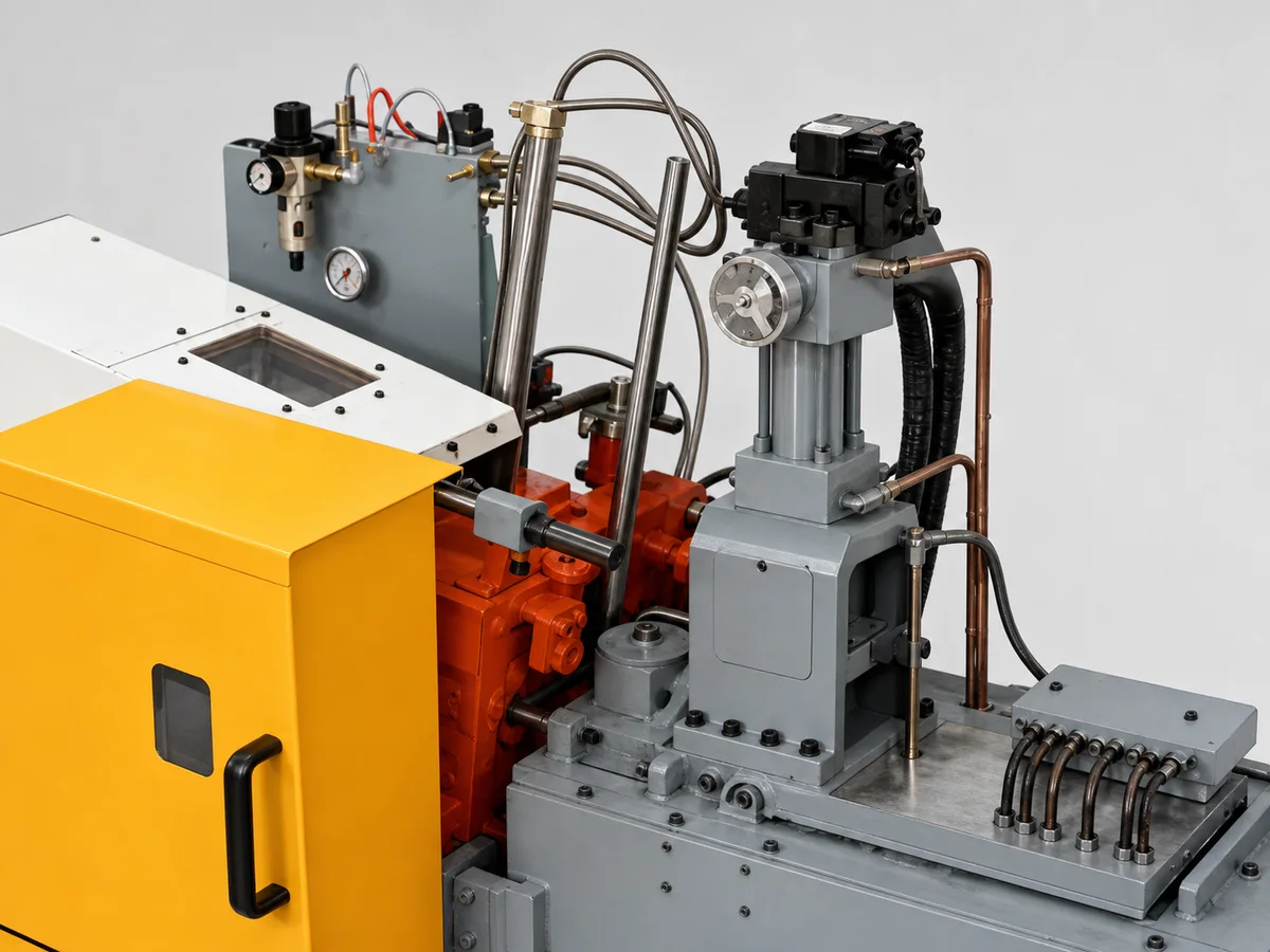 DM50T hot-end and injection-side hydraulic assembly reference close-up