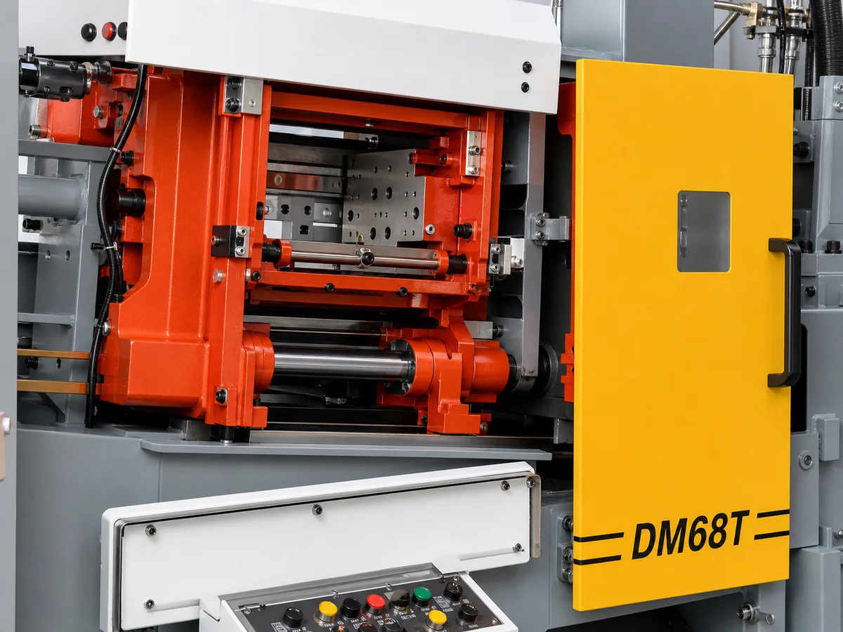DM68T clamping structure, platen area, tie bars, and yellow safety guard reference close-up