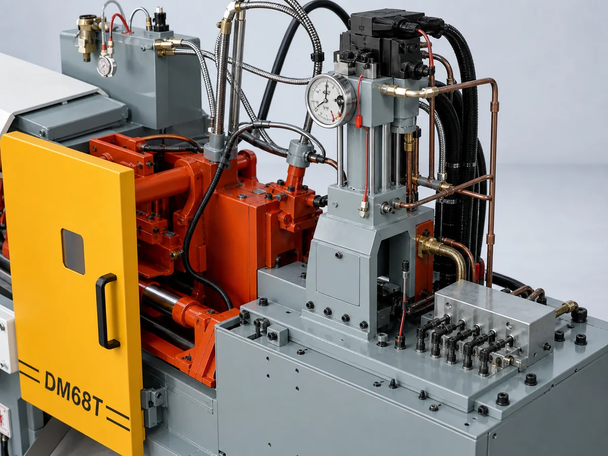 DM68T injection-side hydraulic cylinders, pressure gauge, valves, tubing, and hot-end service reference close-up