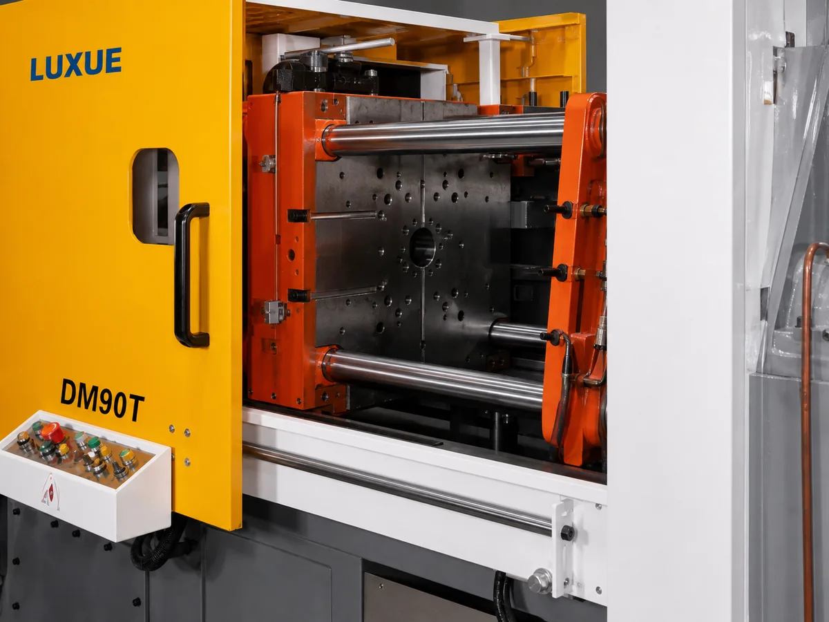 DM90T open clamping area, platen face, four tie bars, yellow safety door, and operator console reference close-up