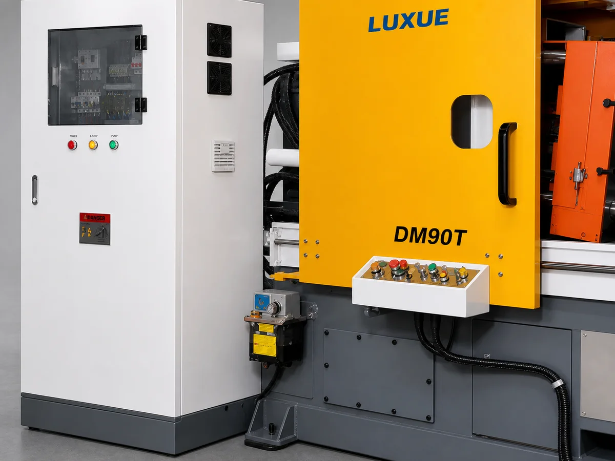 DM90T electrical cabinet, yellow safety guard, local operator console, emergency stop, and cable routing reference close-up