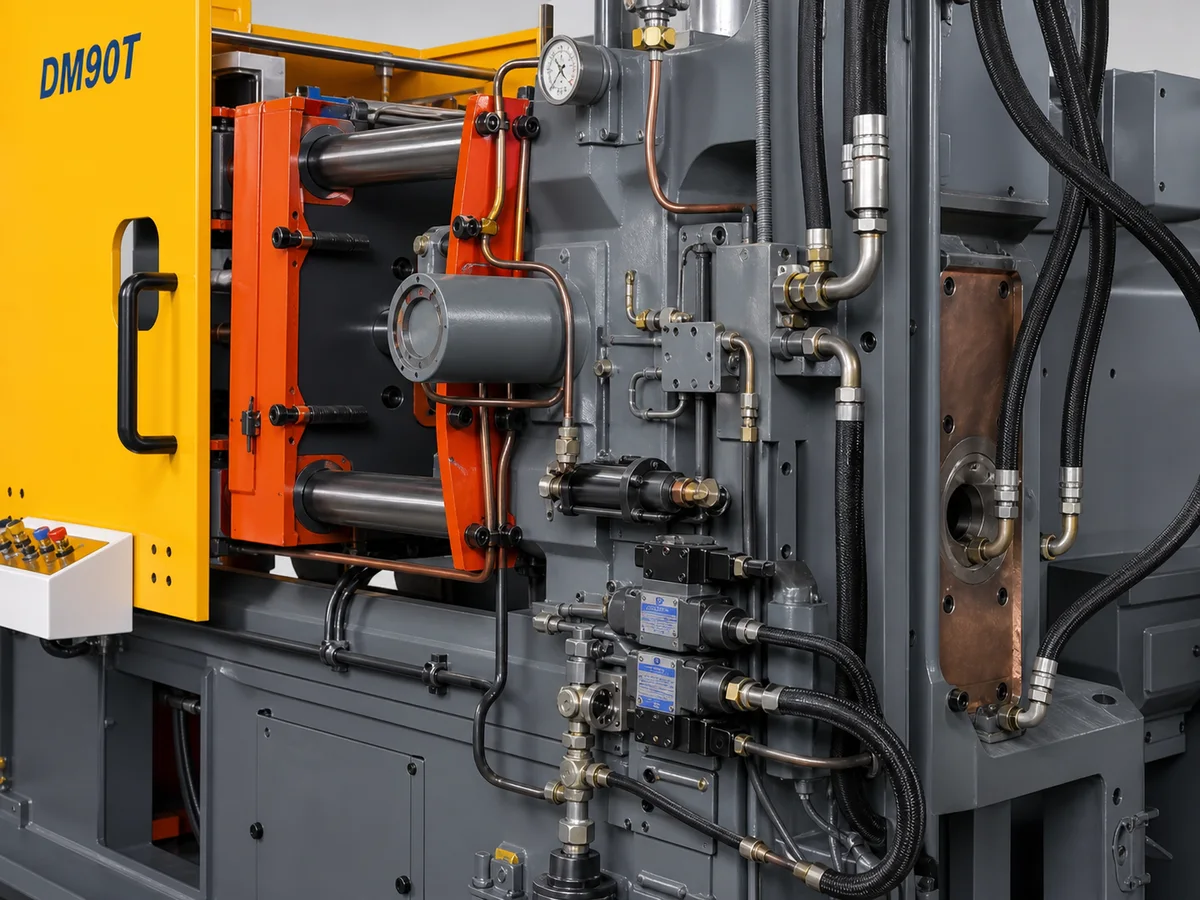 DM90T injection-side cylinder, pressure gauge, valves, hydraulic hoses, copper tubing, and hot-end interface reference close-up