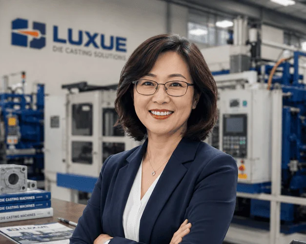 Cathy, Director at Luxue, in a die casting machine environment